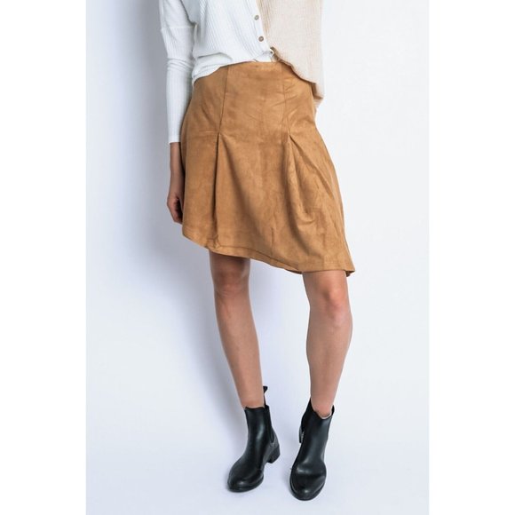 Women's Casual Pleated Suede Solid High Low Midi Skirt Tan Size S,M,L - Picture 6 of 14